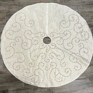 Luxehabitat Cream Embroidered Beaded Christmas Tree Skirt‎ 49 Inch Diameter
